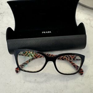 Prada reading glasses Black Cat-Eye Glasses with Multicolor Geometric Temples